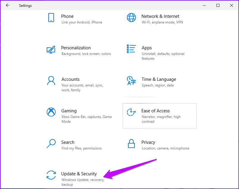 Windows Settings Update and Security