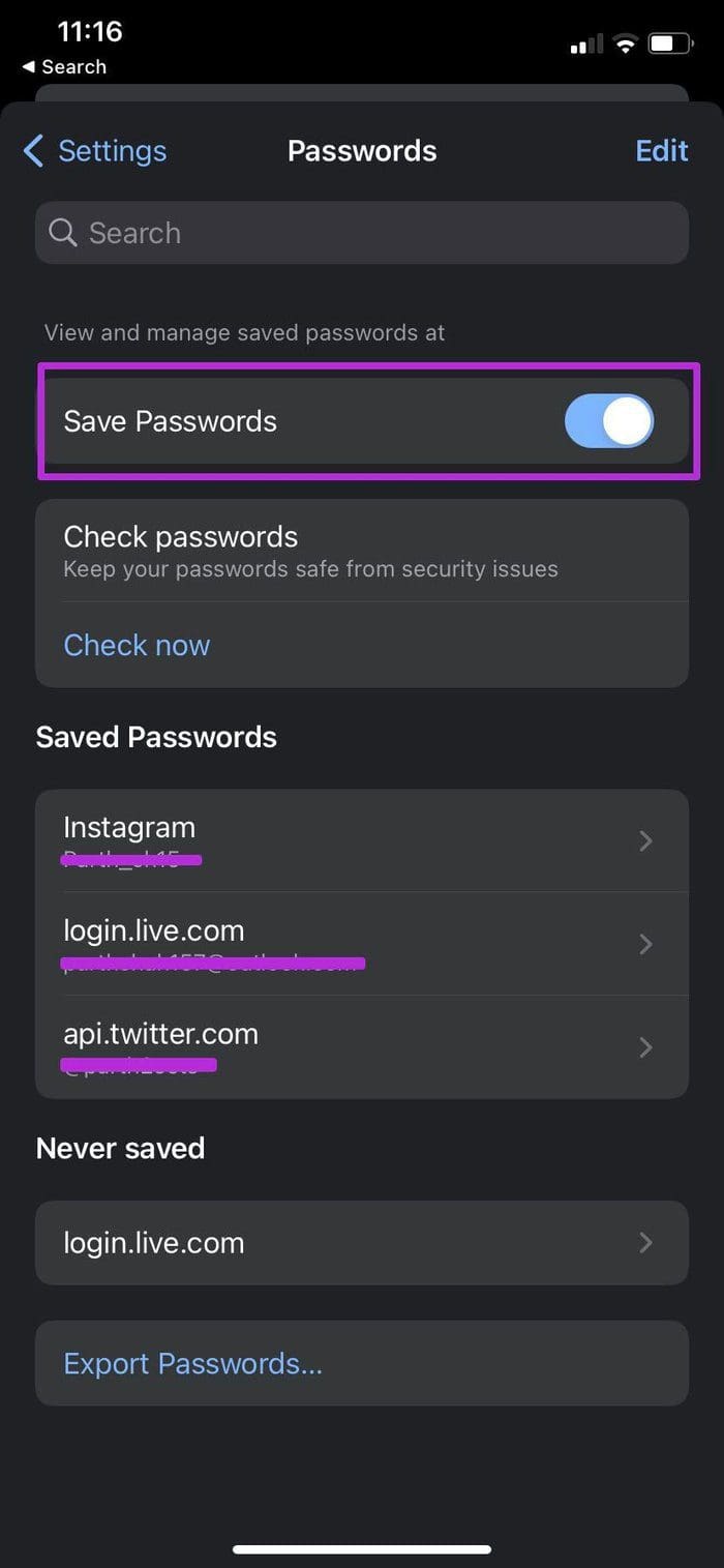 Enable save passwords for i Phone