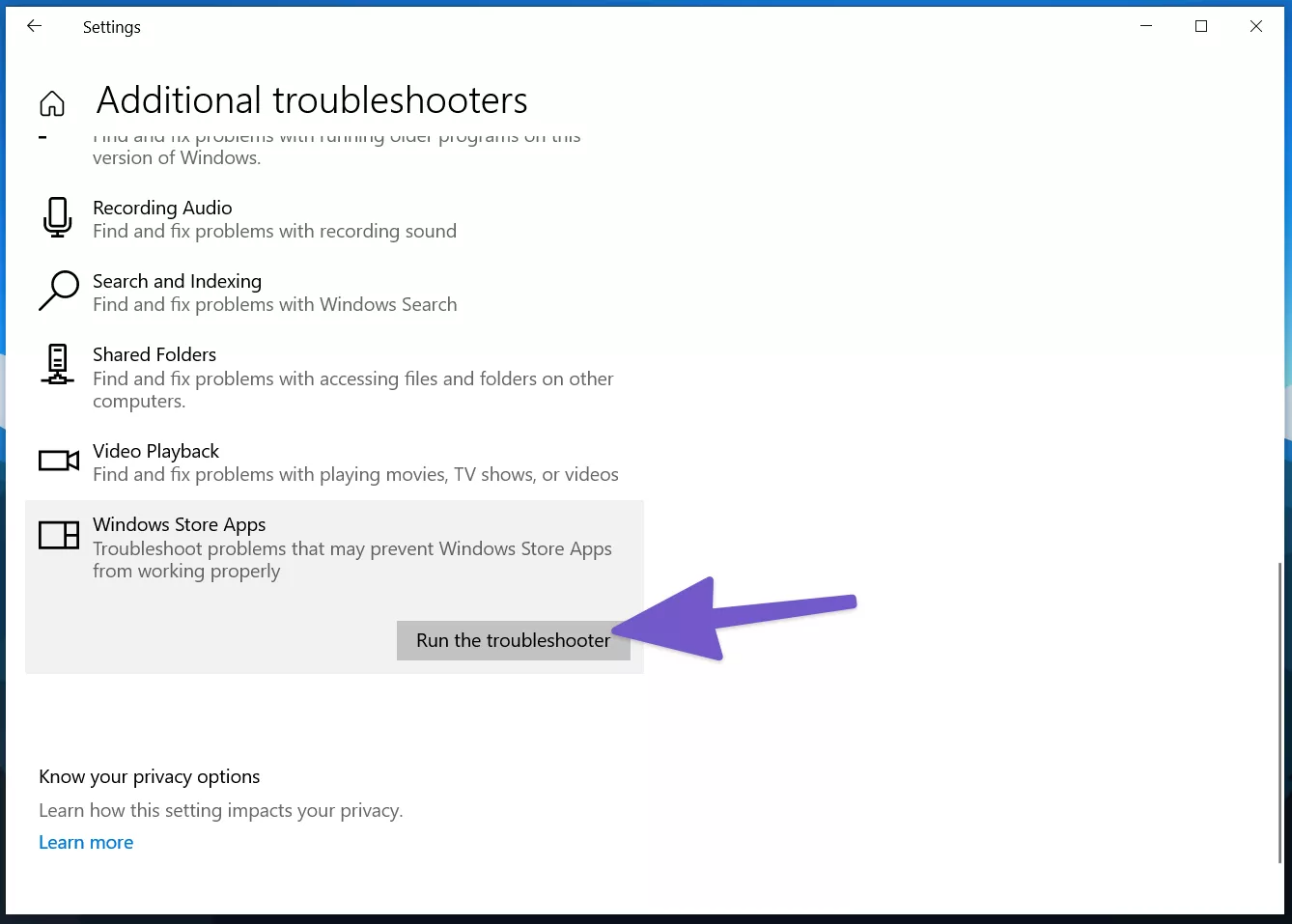 Run windows store apps troubleshooter
