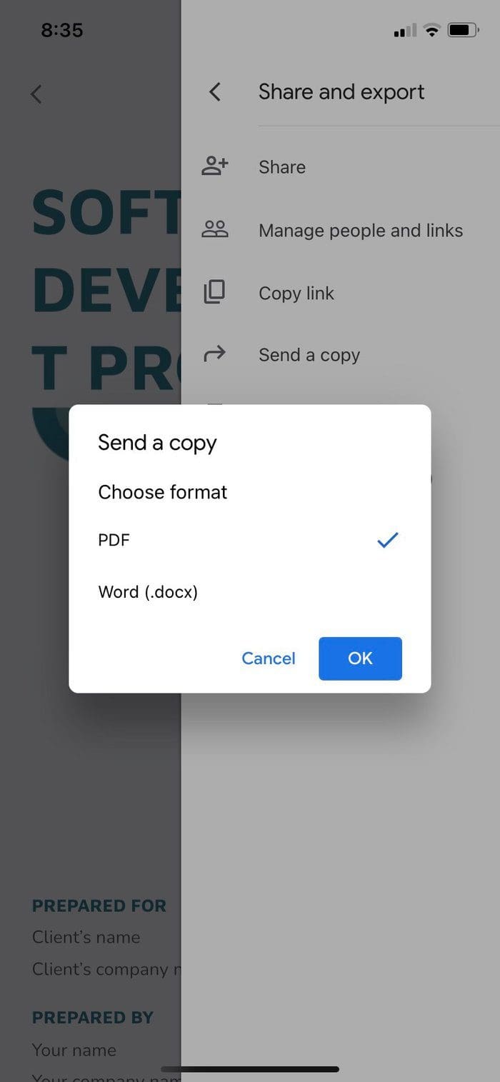 Save google docs file as pdf on i Phone