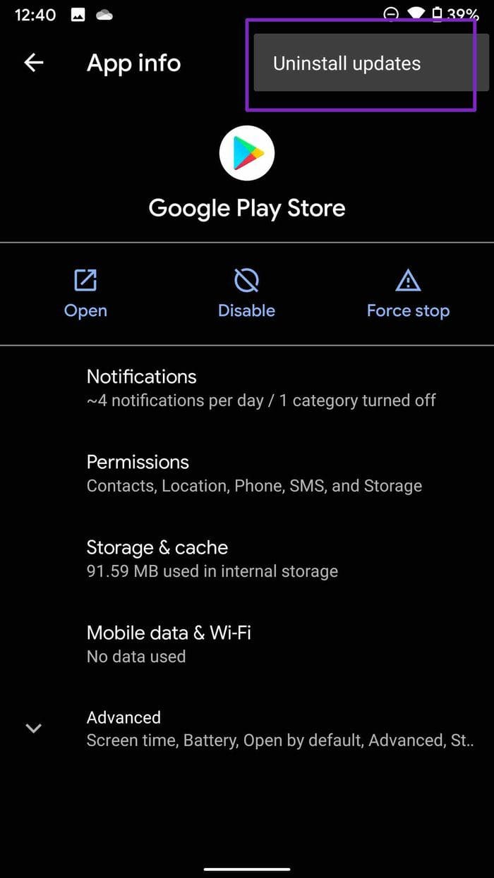 Uninstall play store updates