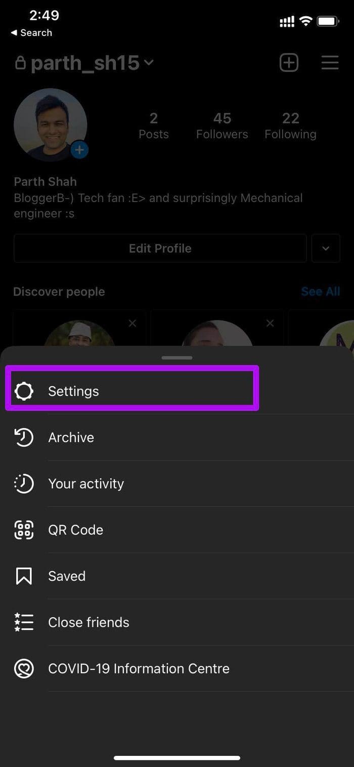 Open instagram settings