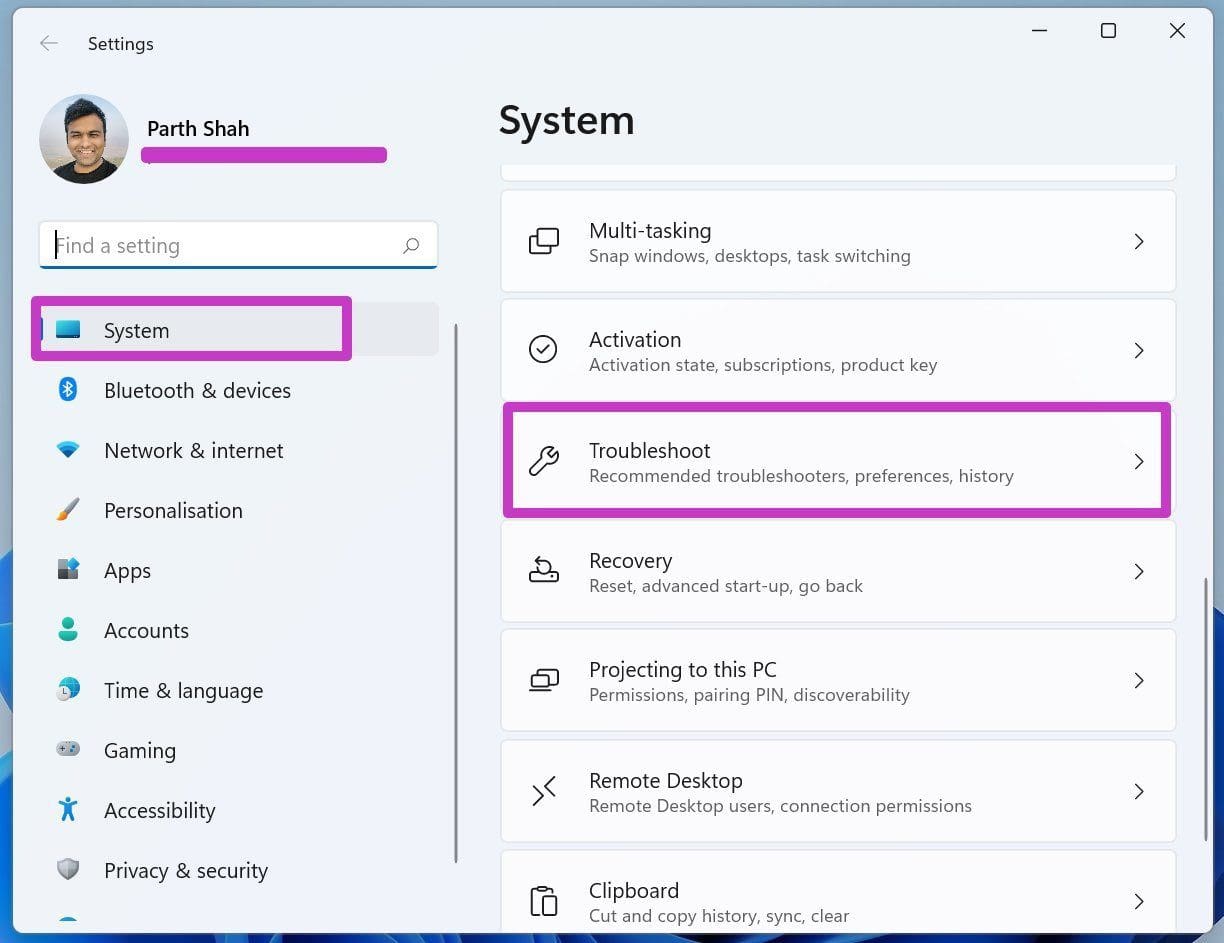 Open troubleshoot menu