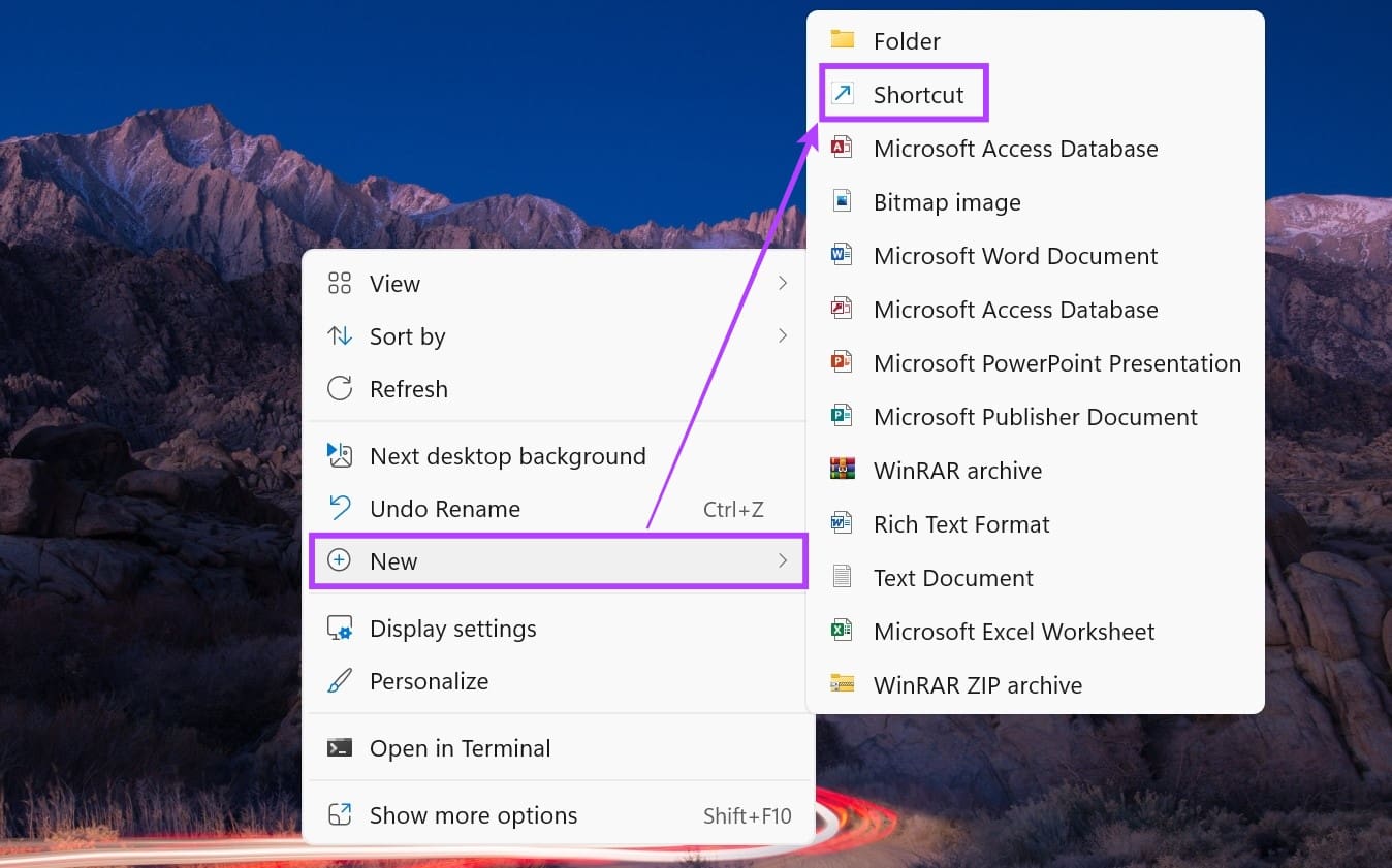 Go to New and click on Shortcut
