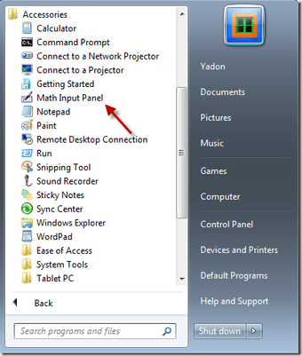 A01 Math Input Panelin Start Menu