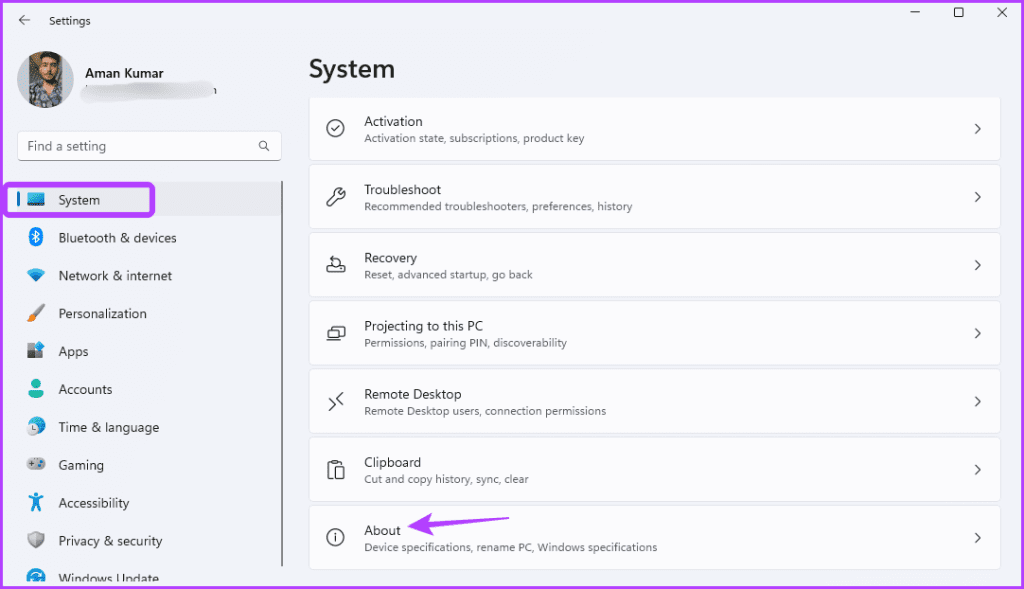 About option in the Settings app