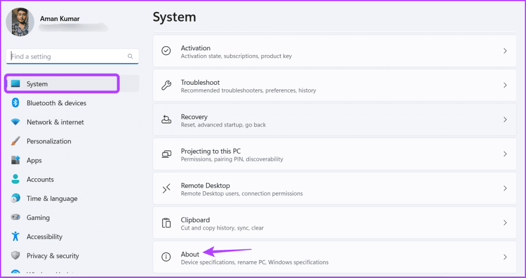 About option in the Settings app