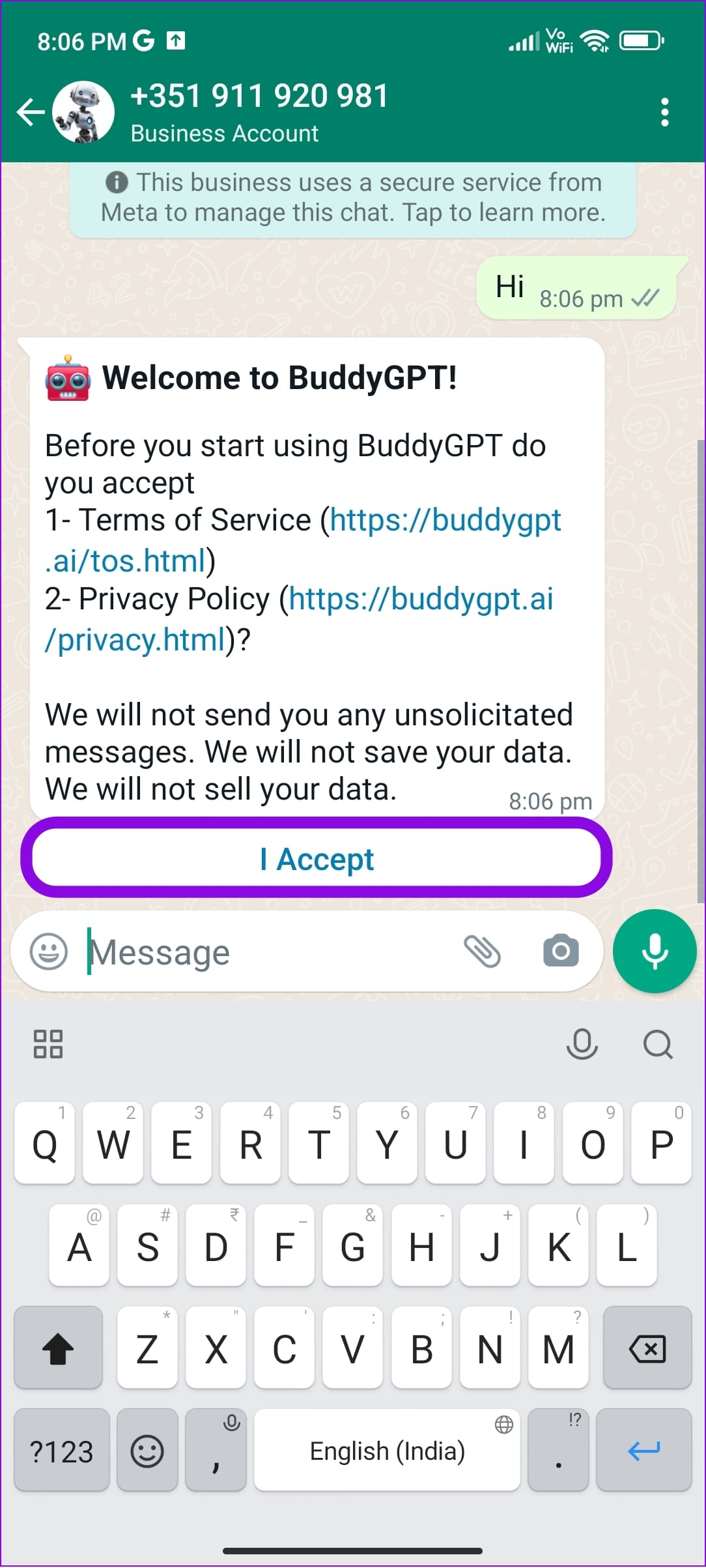 Accept the terms and conditions to use ChatGPT bot on WhatsApp