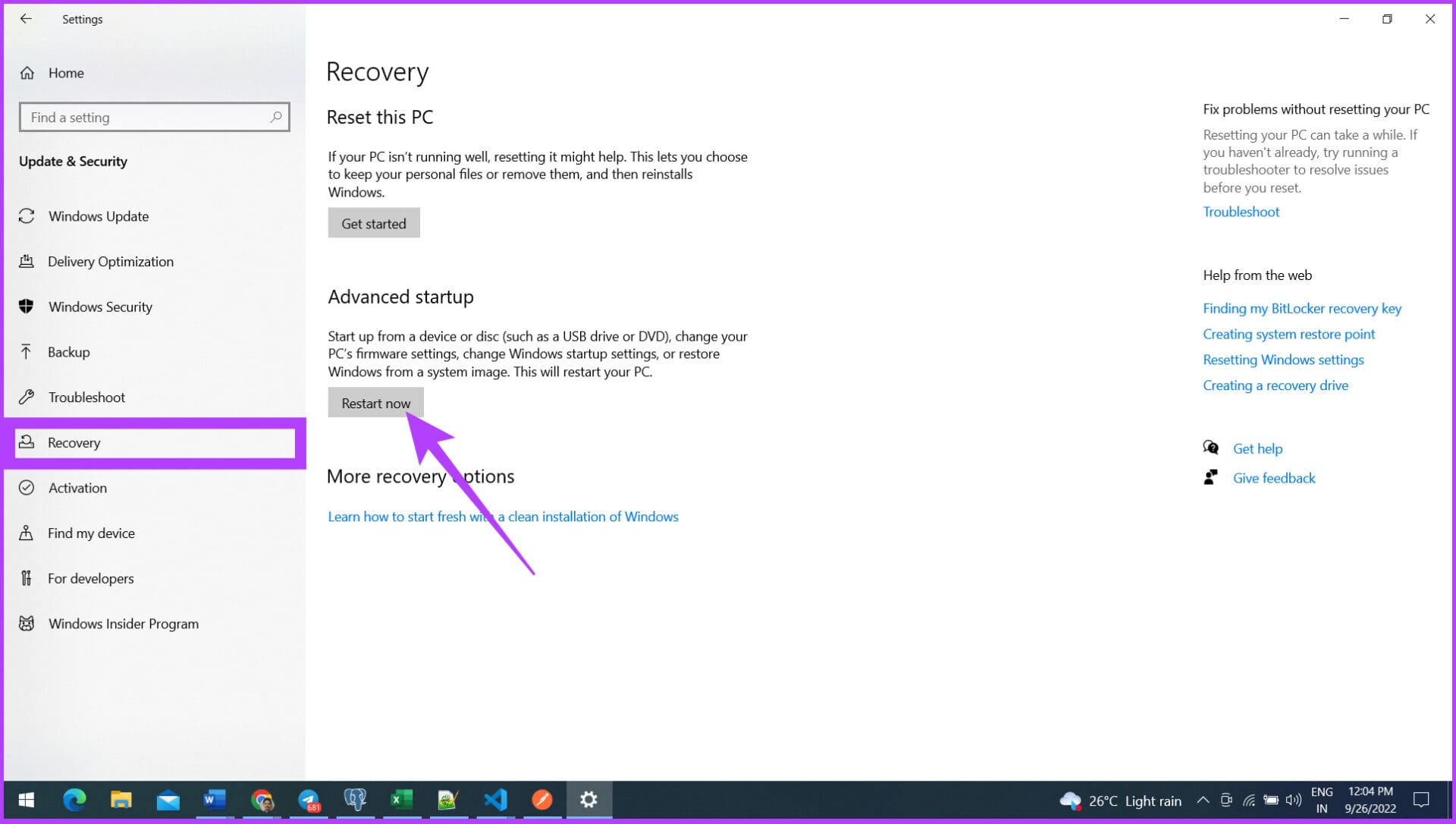 Click Restart now under Advanced Startup