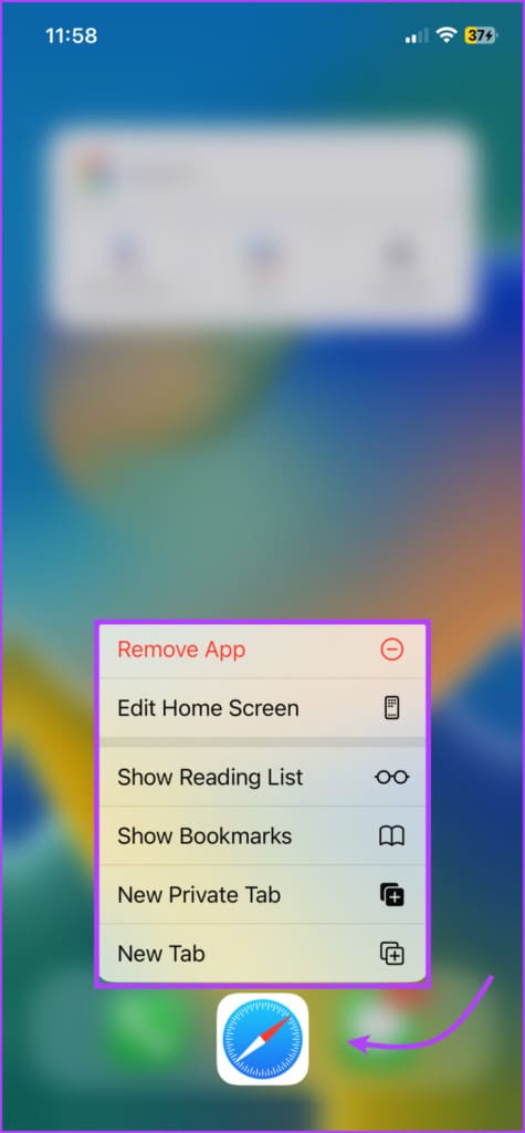 Long press Safari to reveal a quick menu