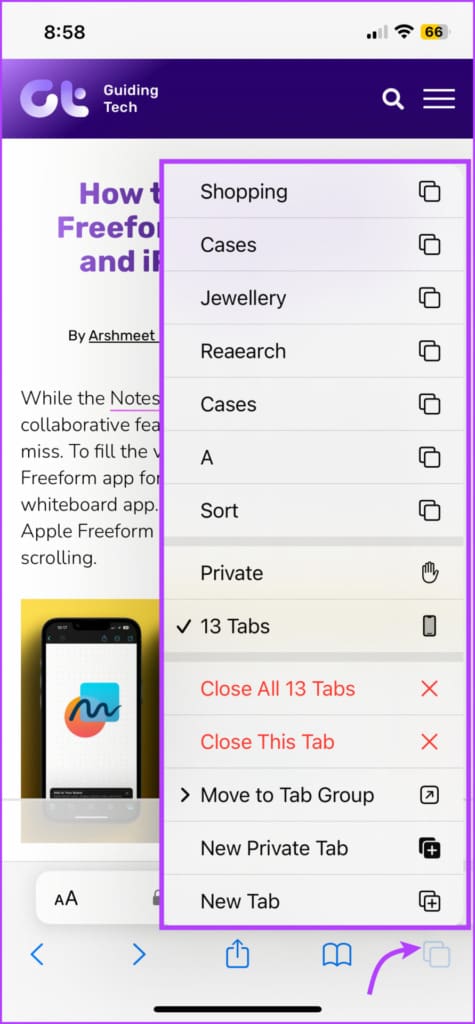 Tap and hold the tabs icon