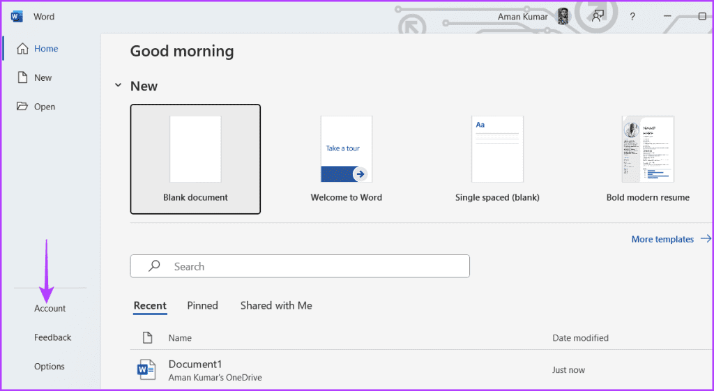 Account option in Word