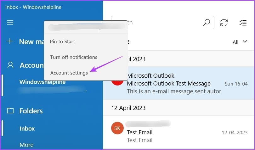 Account Settings option in the Mail app