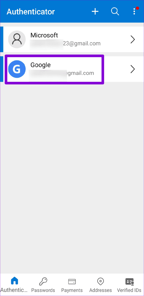 Accounts in Microsoft Authenticator on Android