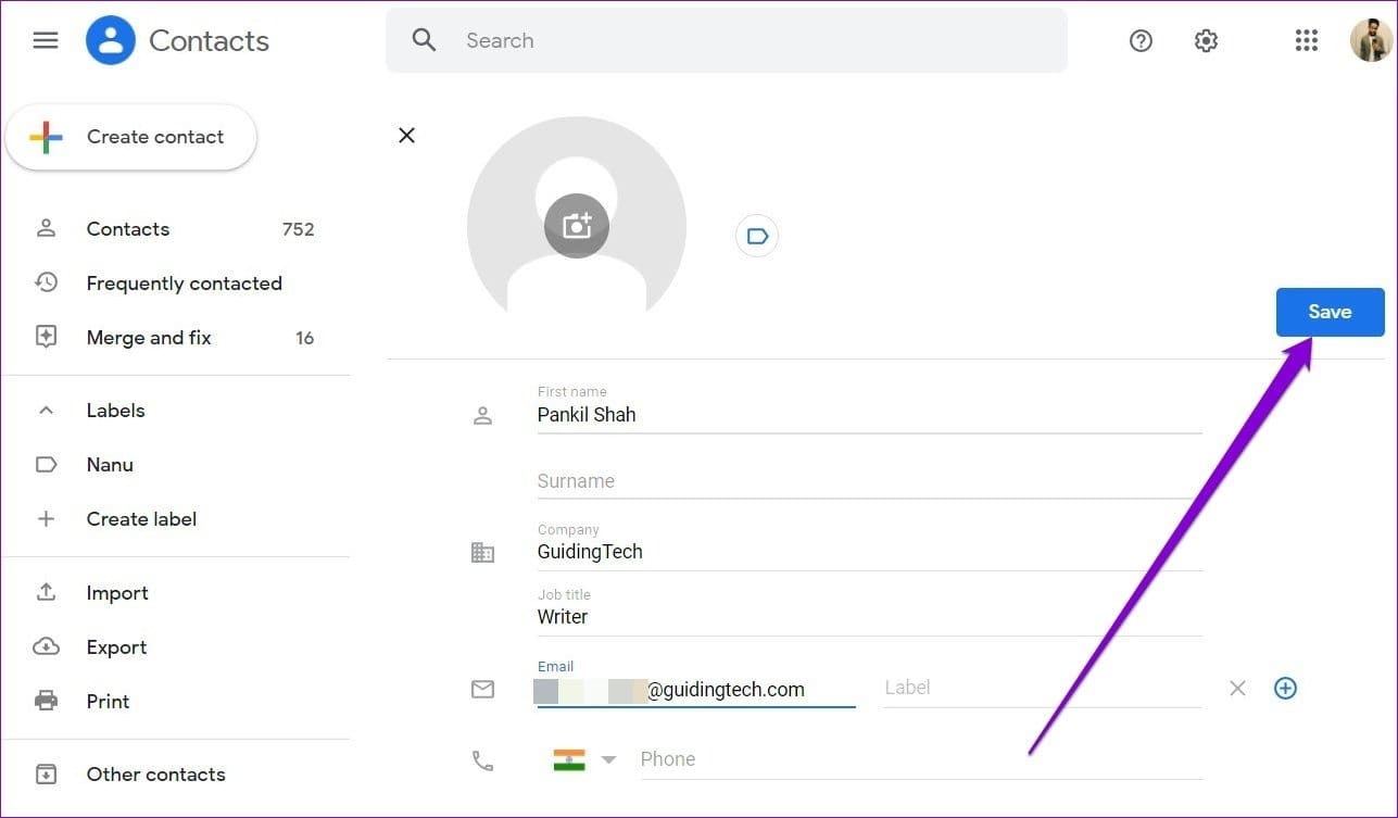 Add Contact Manually in Gmail