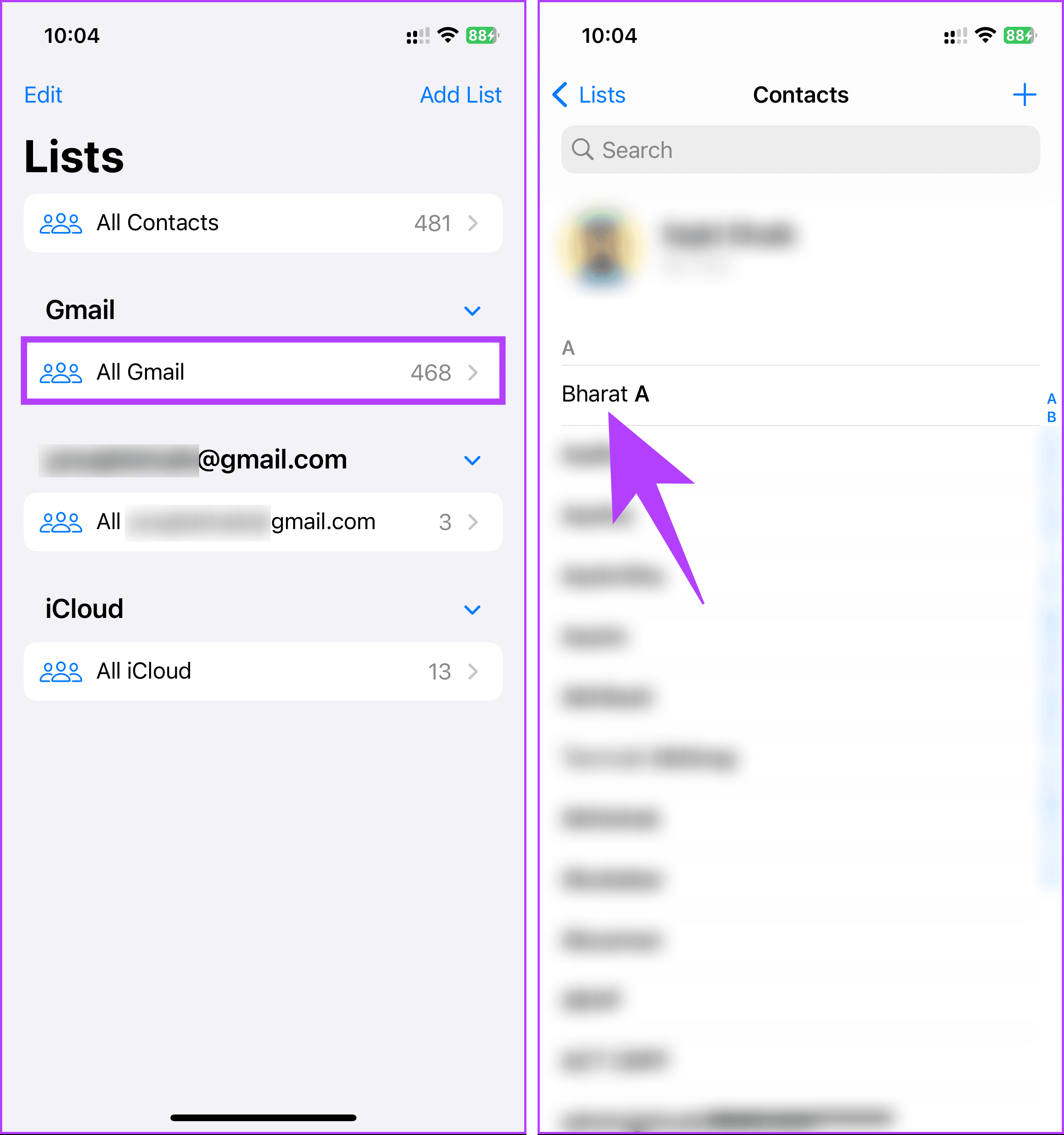 Scroll through the contacts list