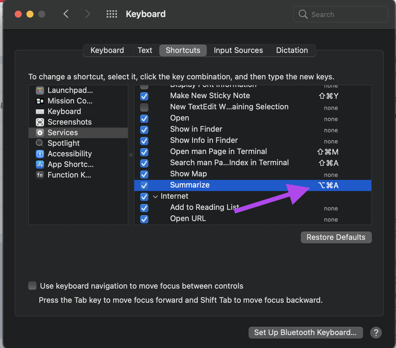 Add Keyboard Shortcut for Summarize Tool System Preferences