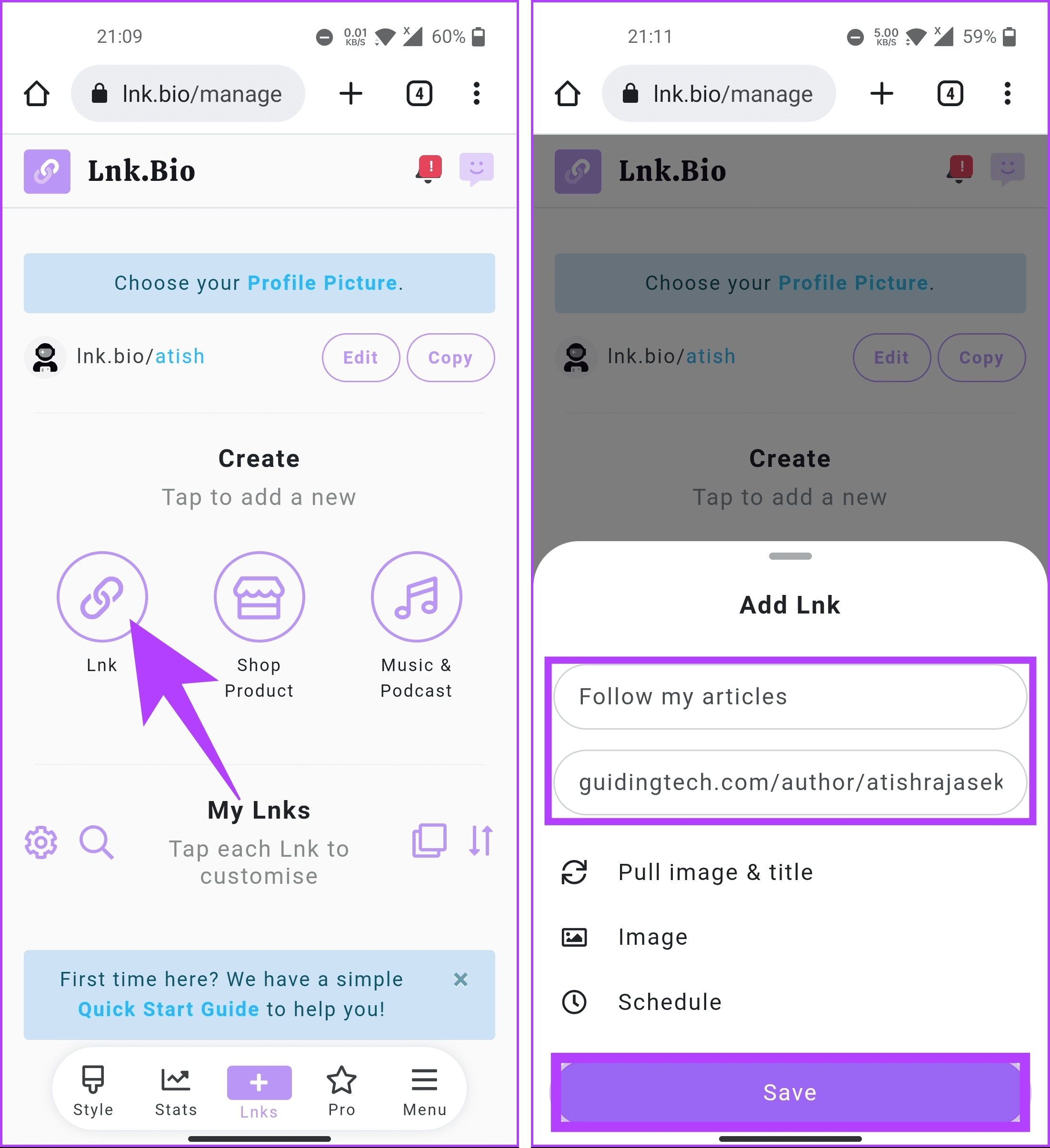 Tap on Lnk button