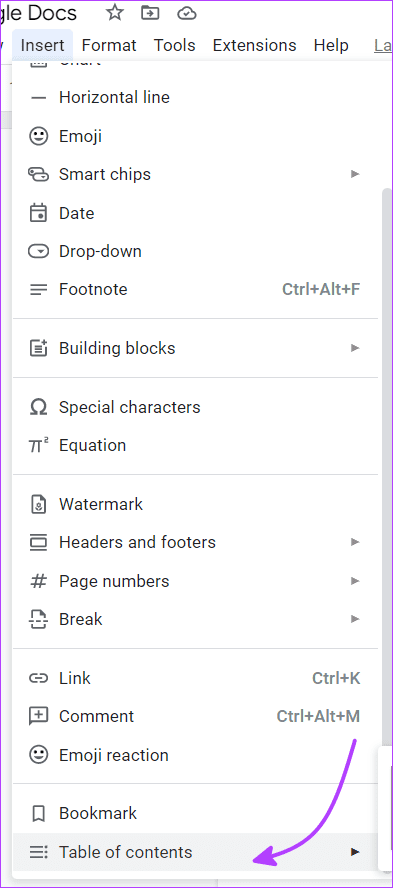 Insert Table of content in Google Docs