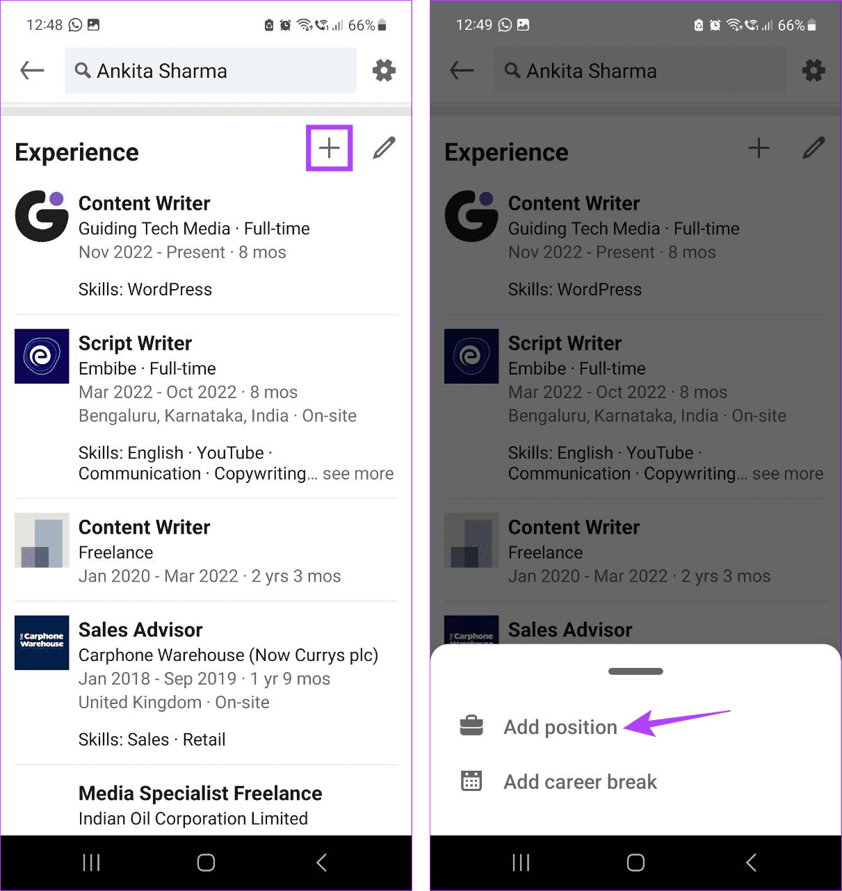Add new position on LinkedIn