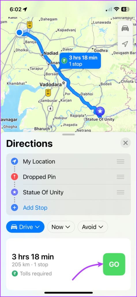 Tap Go to start navigation on Apple Maps