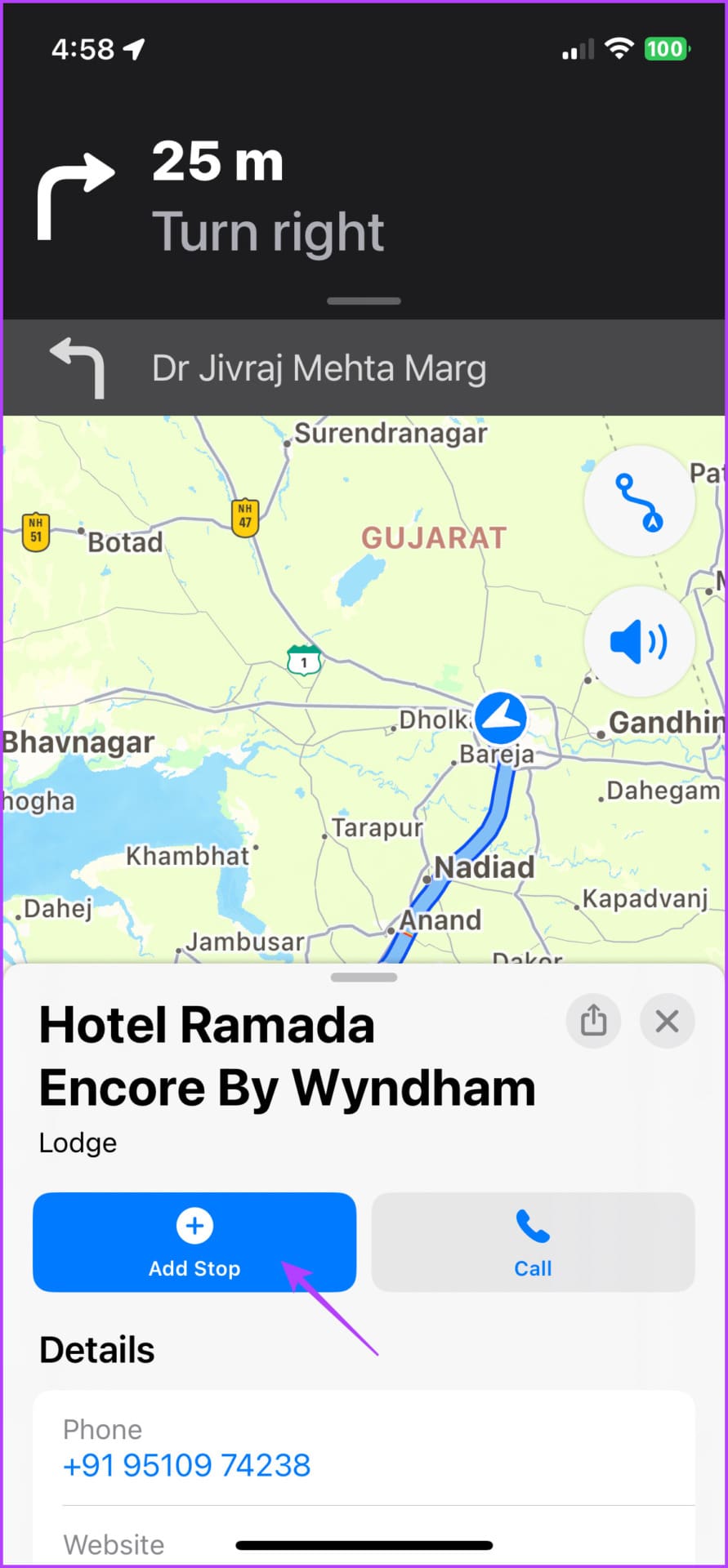 Tap Add Stop to create a multi-route trip on Apple Maps