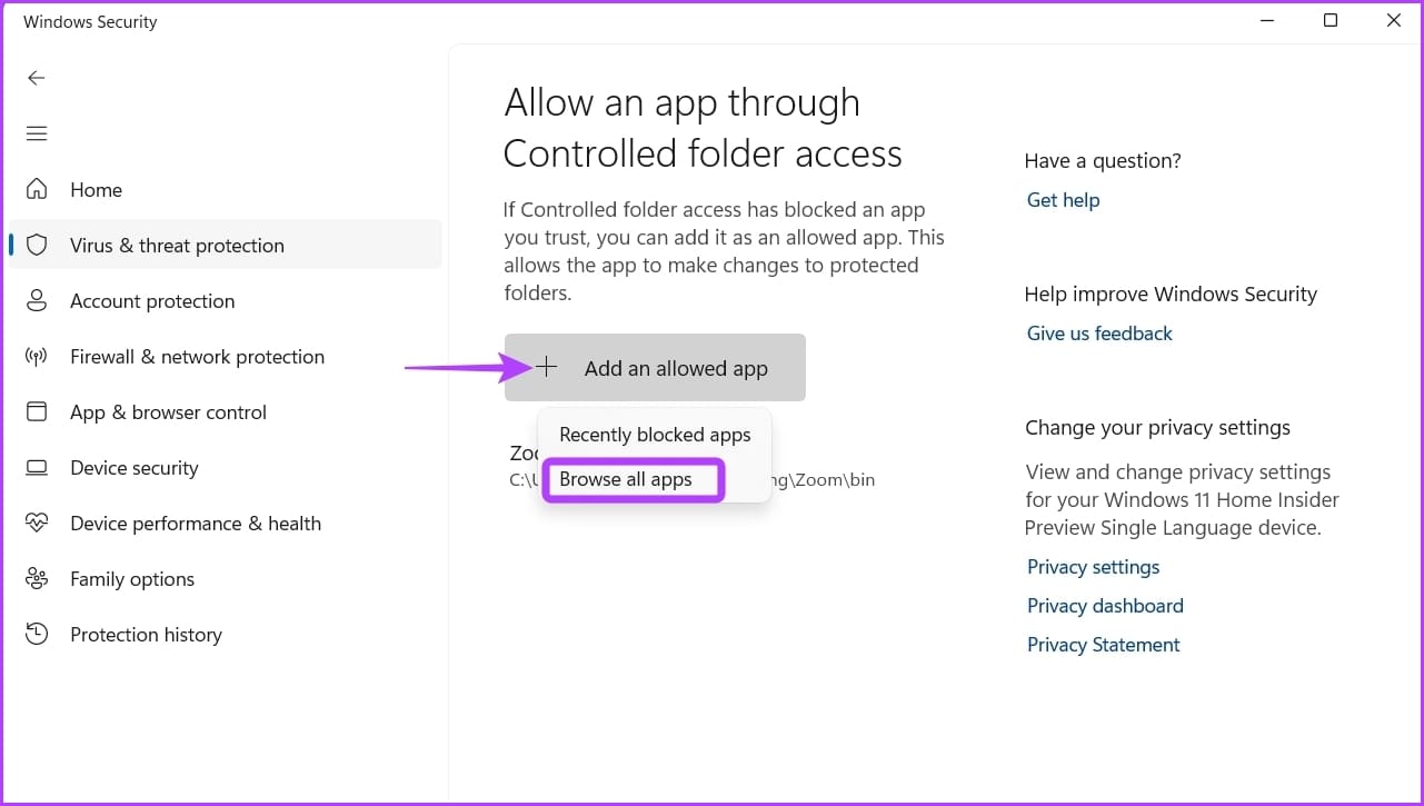 Add an allowed app button in Windows Security
