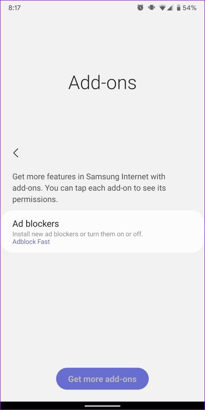 Add ons in Samsung Internet Browser