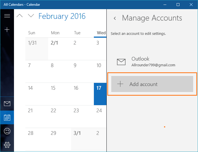 Add Accounts Win10 Calender