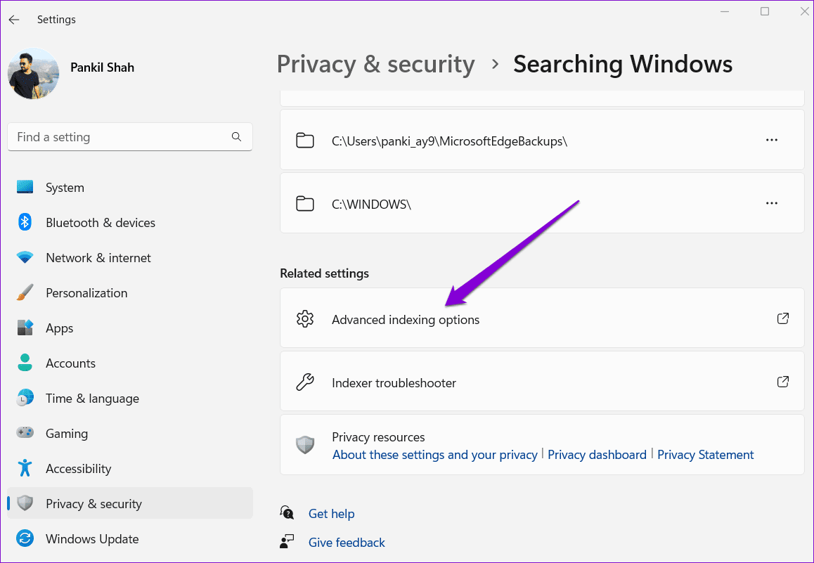 Advanced Indexing Options on Windows