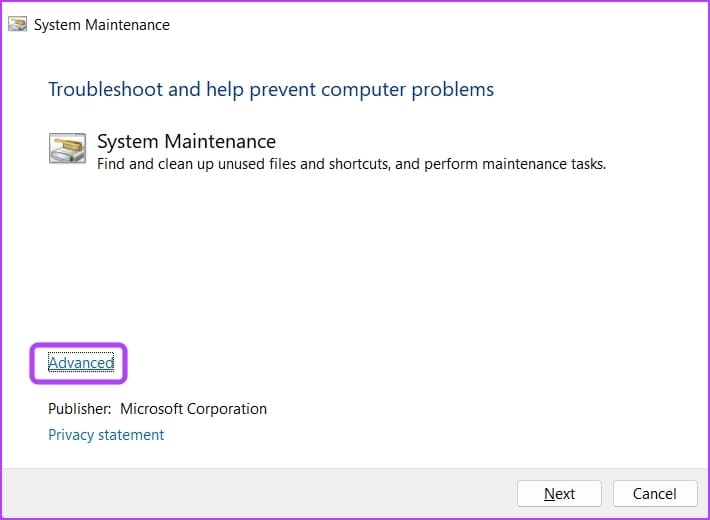 Advanced option of System Maintenance Troubleshooter