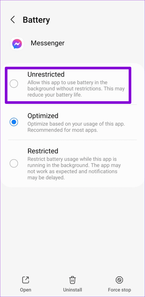 Allow Unrestricted Battery Usage to Messenger on Android