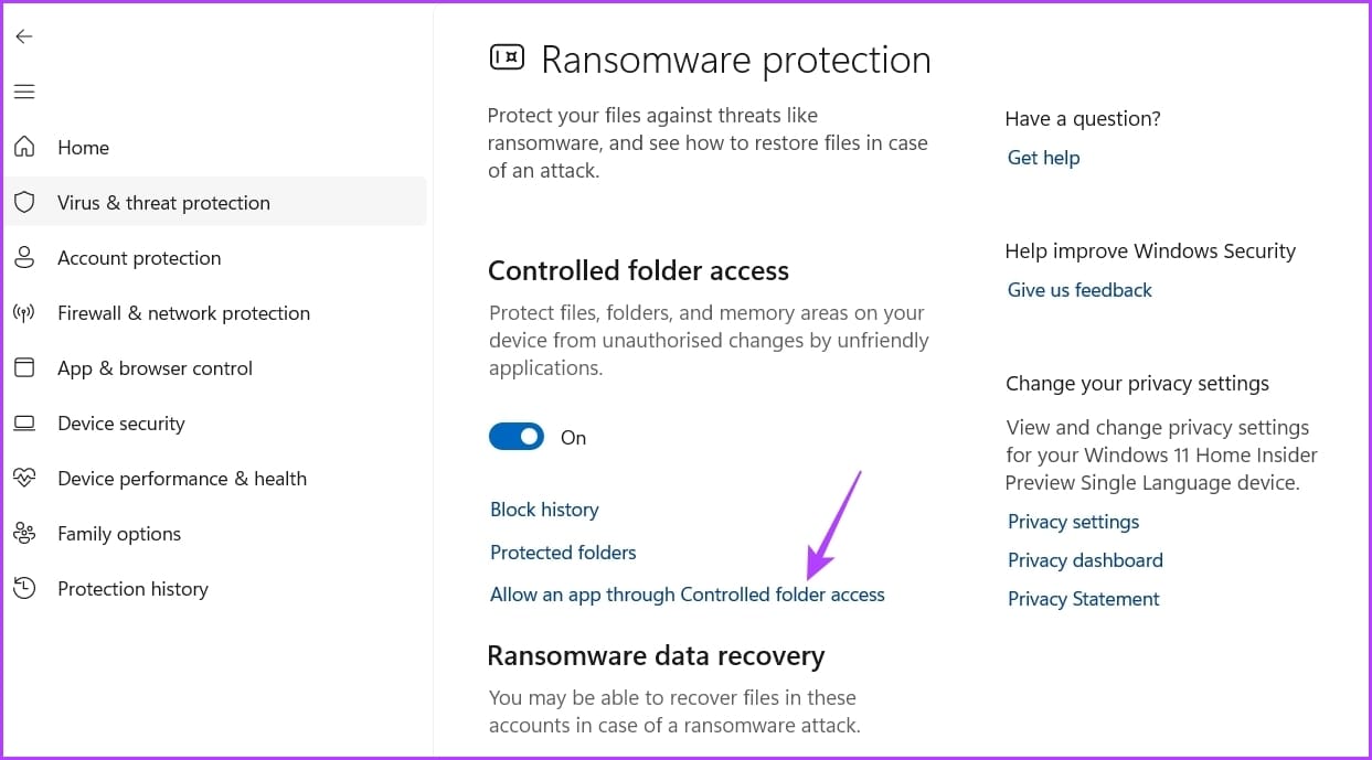 Allow an app through Controlled folder access option in Windows Security