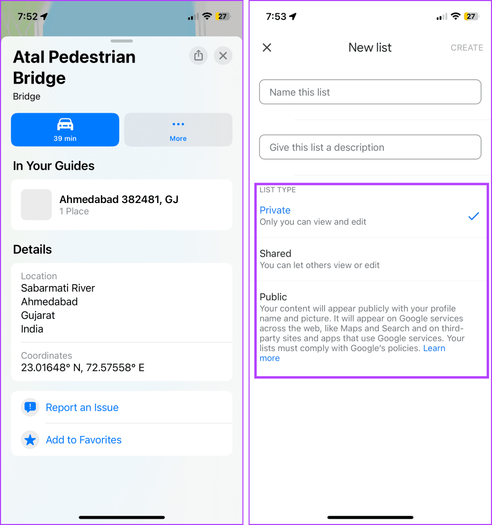 Apple Maps Guide vs. Google Maps List