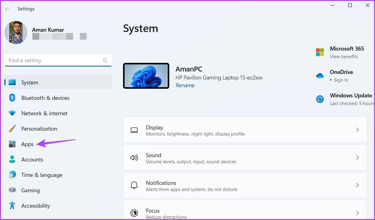 Apps option in Settings