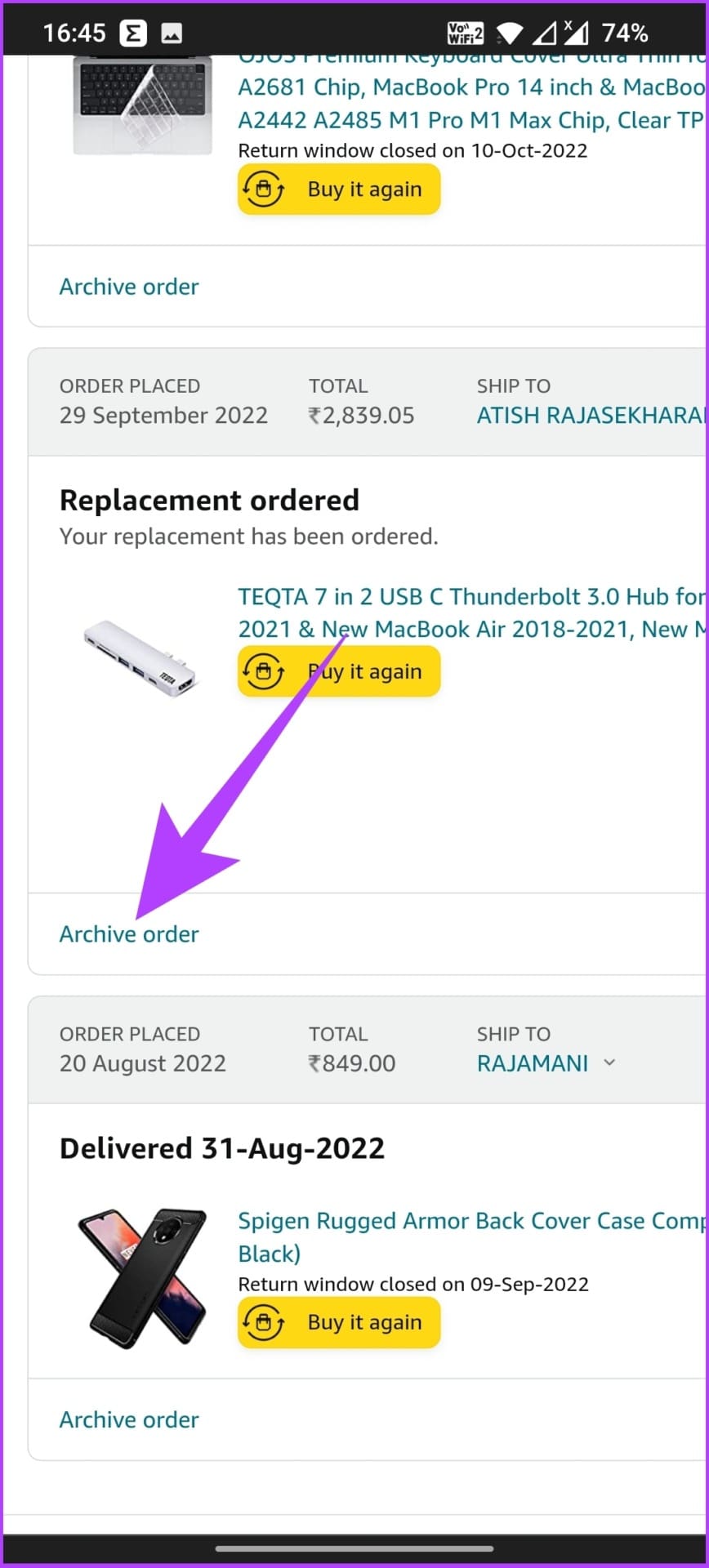 click on Archive order