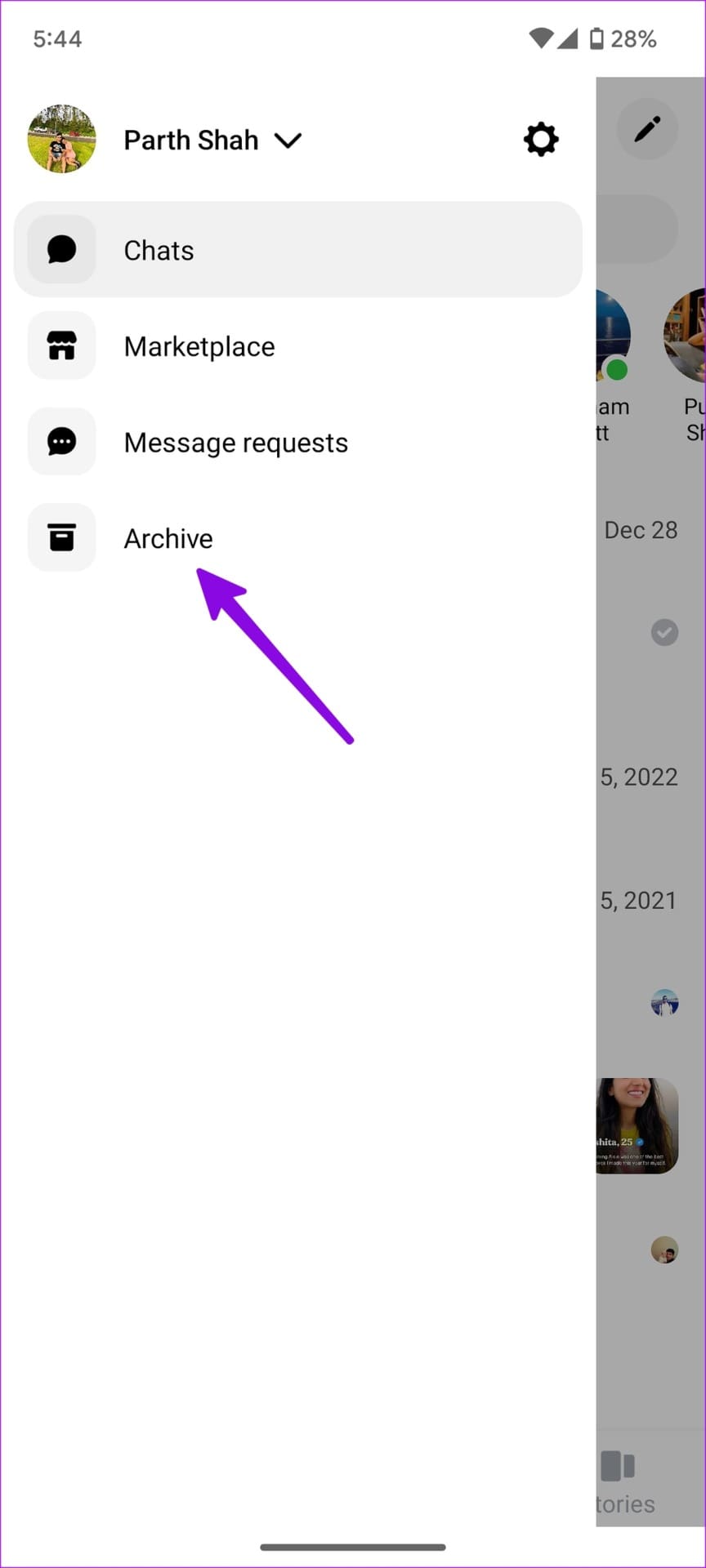 archive menu on Facebook Messenger