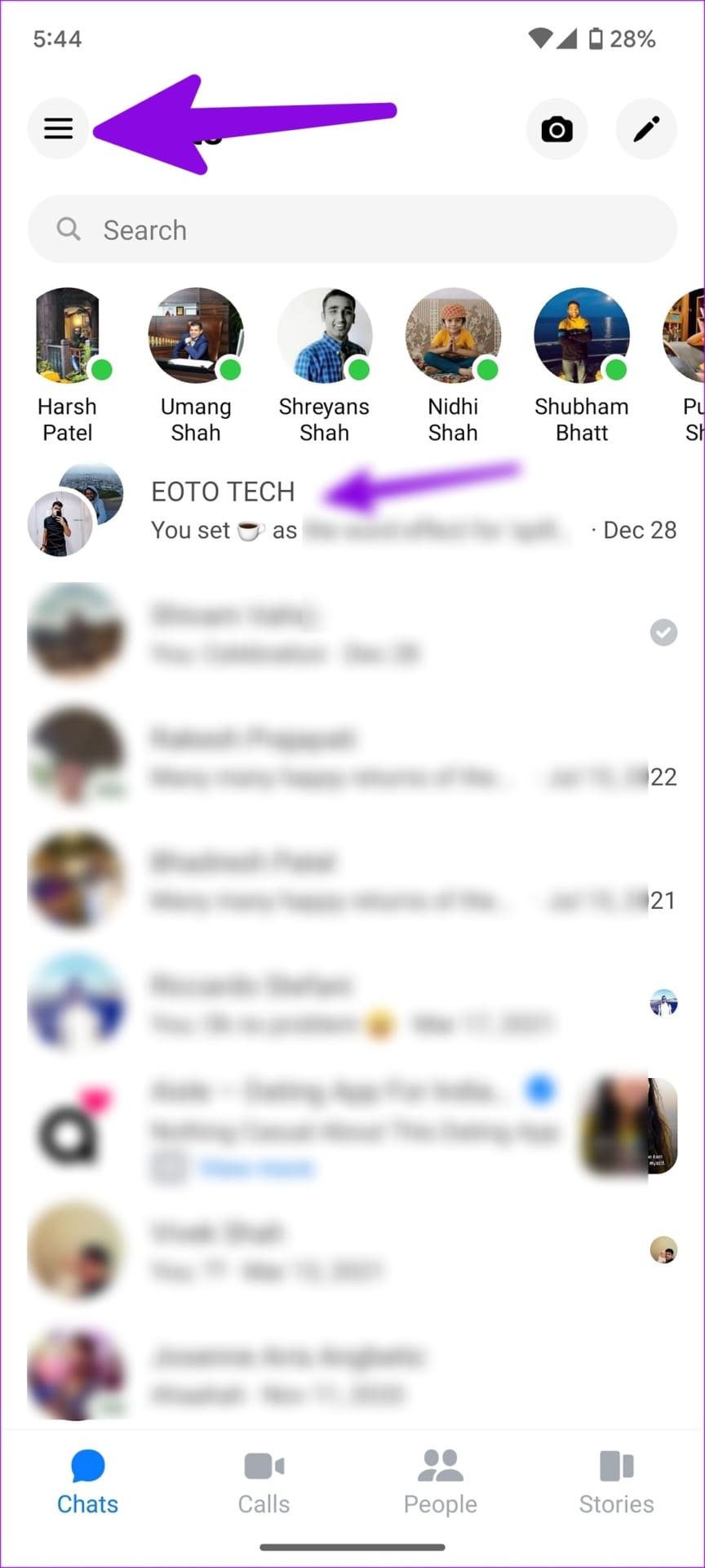 hamburger menu on Facebook Messenger