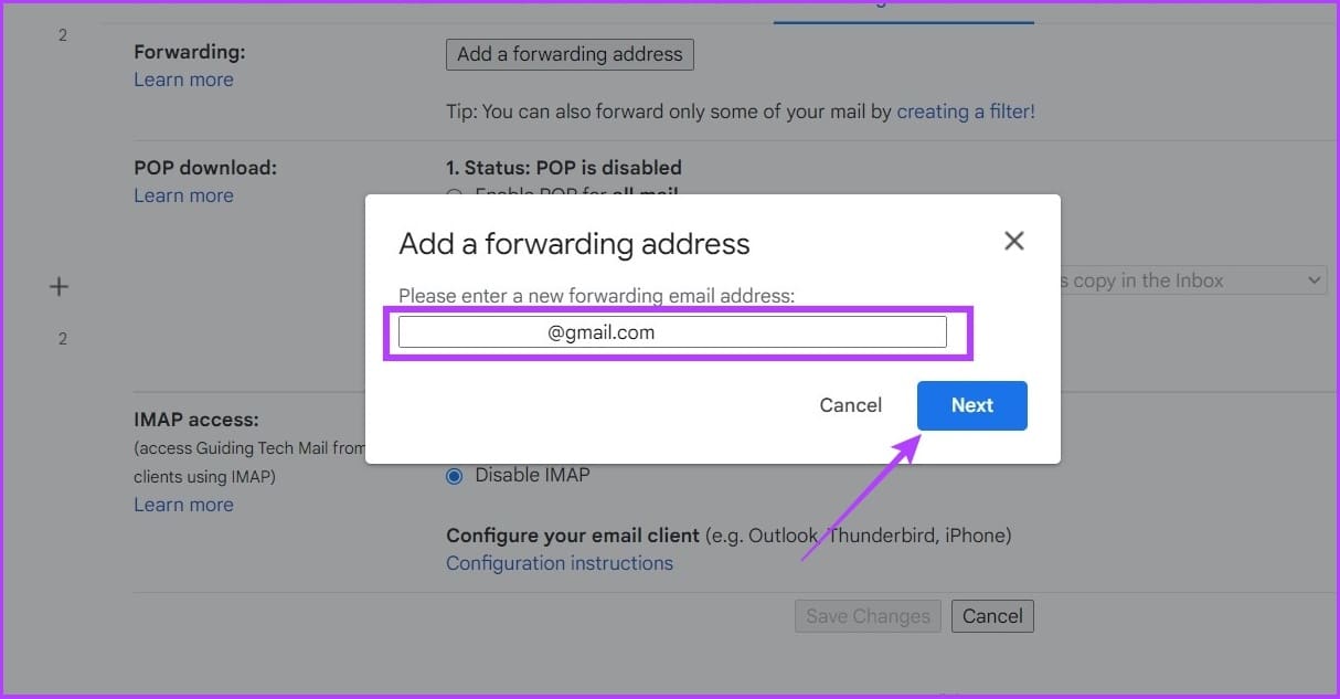 Click the option add forwarding address