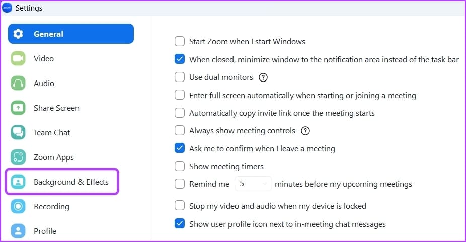 Background & Effects option of Zoom