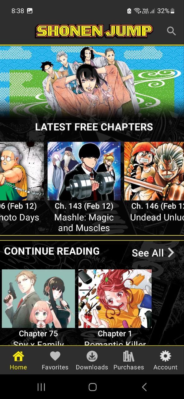 Shonen Jump Android app homepage