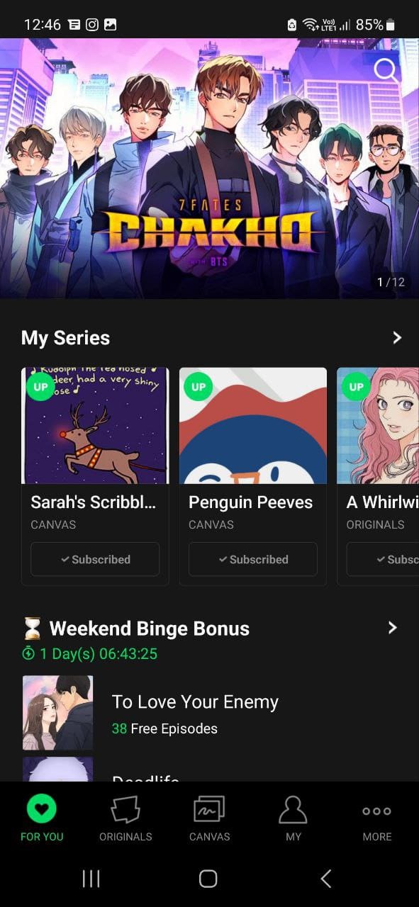 Webtoon Android app homepage
