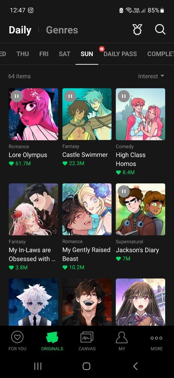 Webtoon Android app Originals page
