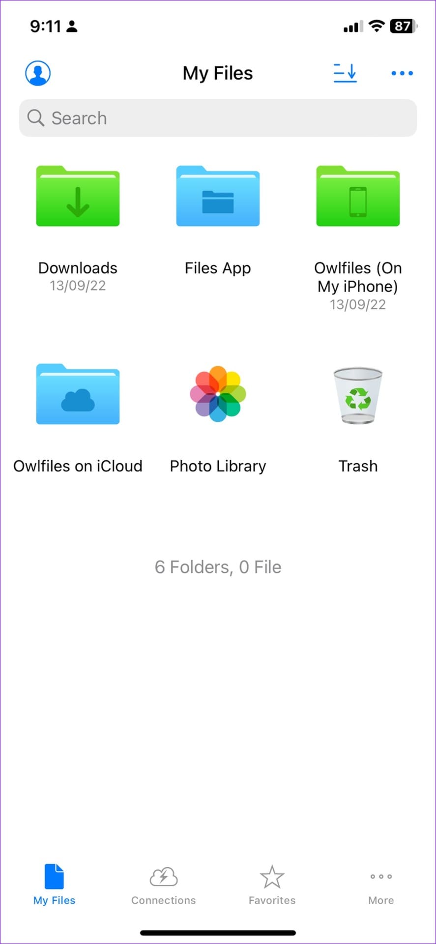 Owlfiles home on iPhone