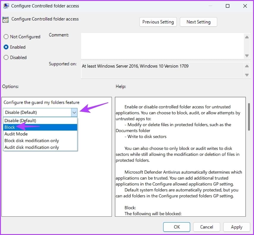 Block option in the Local Group Policy Editor