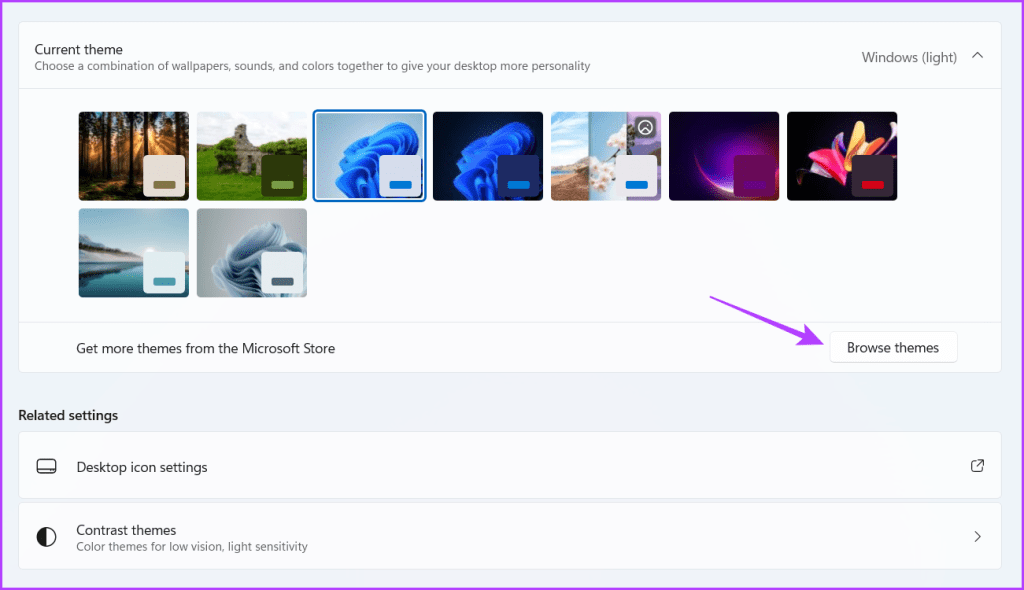 Browse themes button in the Settings app