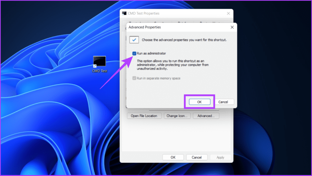 CMD Shortcut File Advanced Properties Admin
