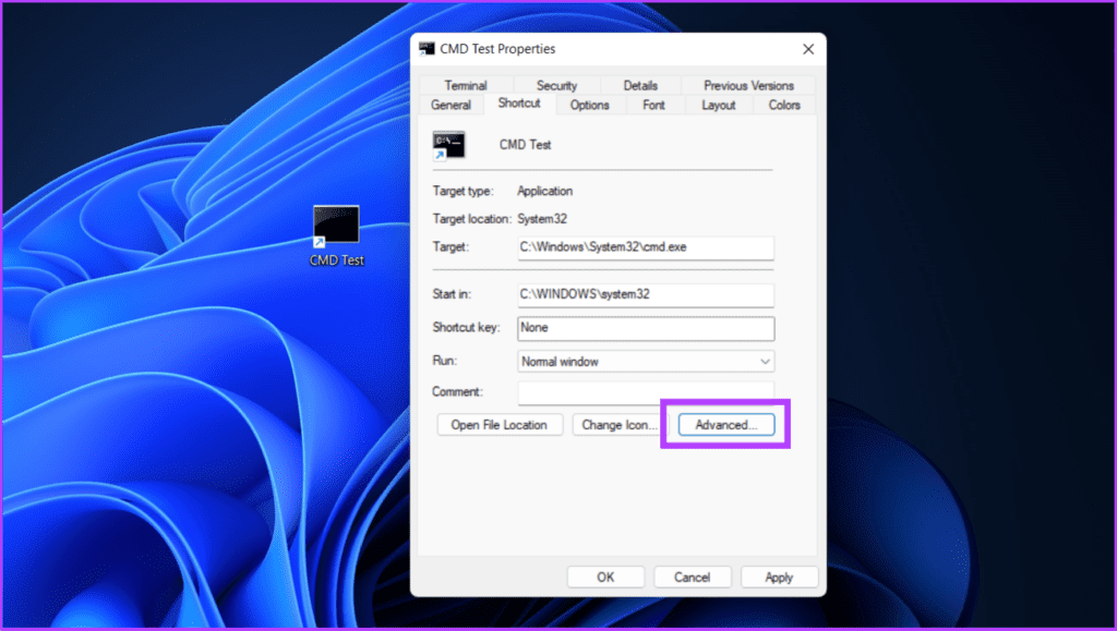 CMD Shortcut File Advanced Properties Option