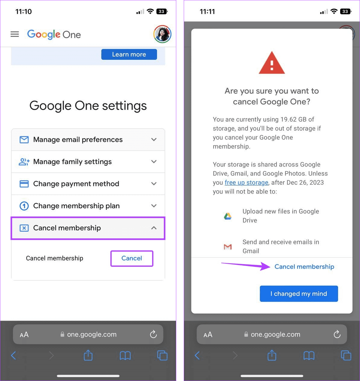 Cancel Google One on iPhone