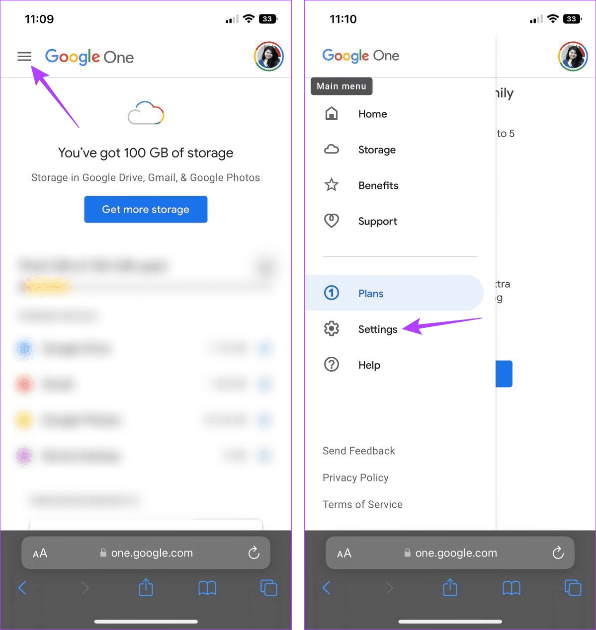 Open Google One Settings on iPhone